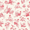 Red toile pattern on a warm cream background, featuring floral bouquets, birds, a teapot, books, a basket, and small whimsical illustrations repeated across the surface.