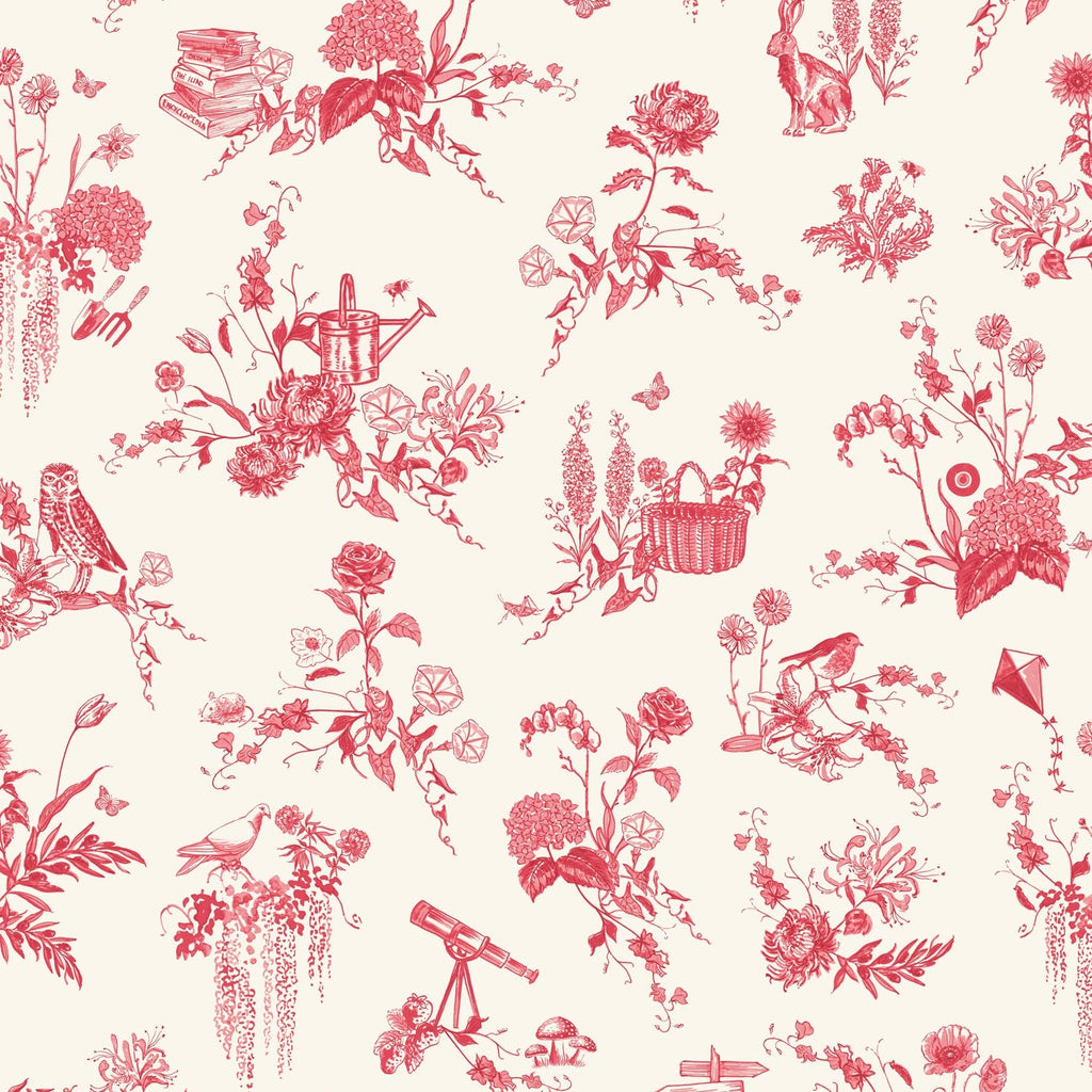 Red toile pattern on a warm cream background, featuring floral bouquets, birds, a teapot, books, a basket, and small whimsical illustrations repeated across the surface.
