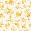 A repeating toile-style pattern in warm mustard yellow on an off-white background, featuring floral bouquets, birds, a teapot, a basket, and small decorative motifs.