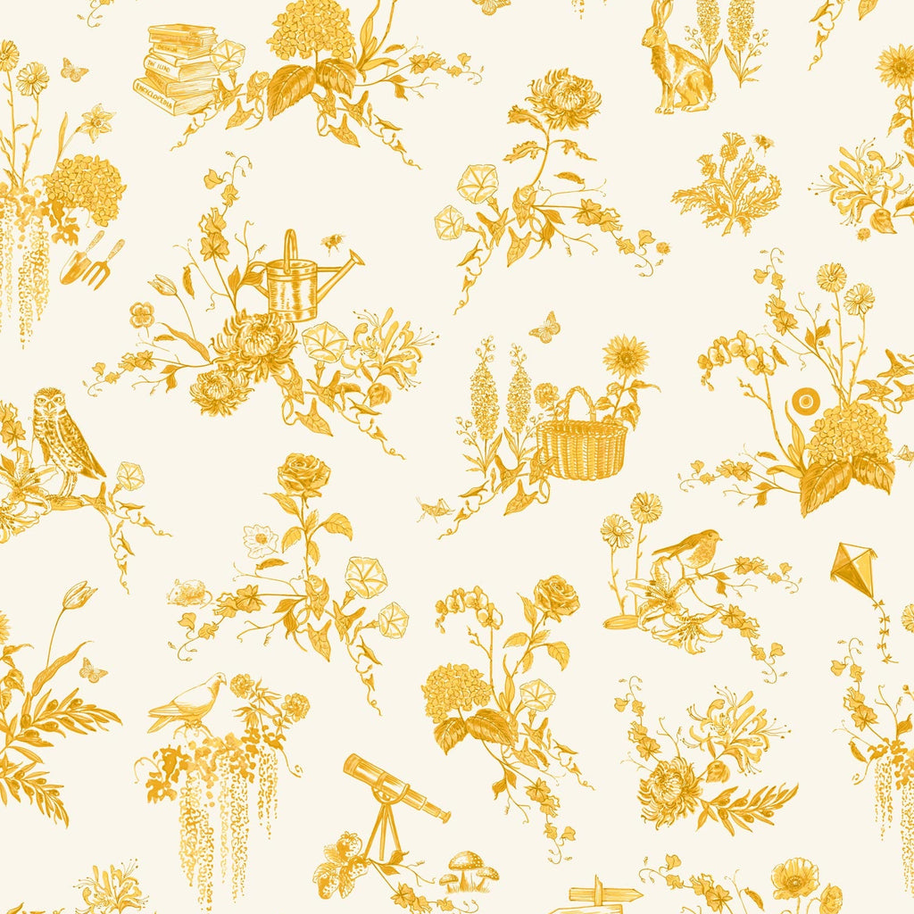 A repeating toile-style pattern in warm mustard yellow on an off-white background, featuring floral bouquets, birds, a teapot, a basket, and small decorative motifs.