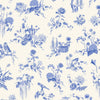 A repeating blue toile-style floral and botanical pattern on a warm off-white background, featuring flowers, leaves, birds, a teapot, books, a basket, and small whimsical details.