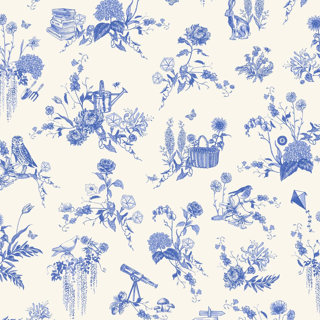 A repeating blue toile-style floral and botanical pattern on a warm off-white background, featuring flowers, leaves, birds, a teapot, books, a basket, and small whimsical details.