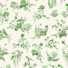A repeating green toile-style botanical pattern on a white background, featuring flowers, leaves, birds, a watering can, a basket, and small garden-themed illustrations.