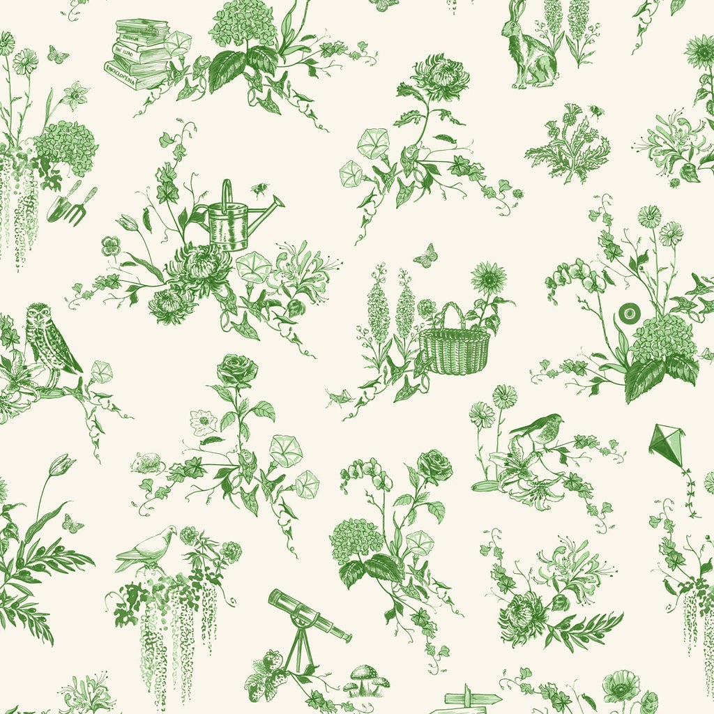 A repeating green toile-style botanical pattern on a white background, featuring flowers, leaves, birds, a watering can, a basket, and small garden-themed illustrations.