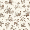 A repeating toile-style botanical pattern in brown on a warm cream background, featuring flowers, leaves, birds, a watering can, books, a basket, and small whimsical objects.