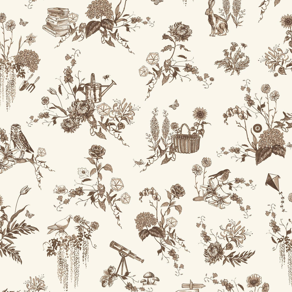 A repeating toile-style botanical pattern in brown on a warm cream background, featuring flowers, leaves, birds, a watering can, books, a basket, and small whimsical objects.