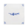 White tile with blue trumpet design on a white background