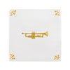 White tile with mustard trumpet design on a white background