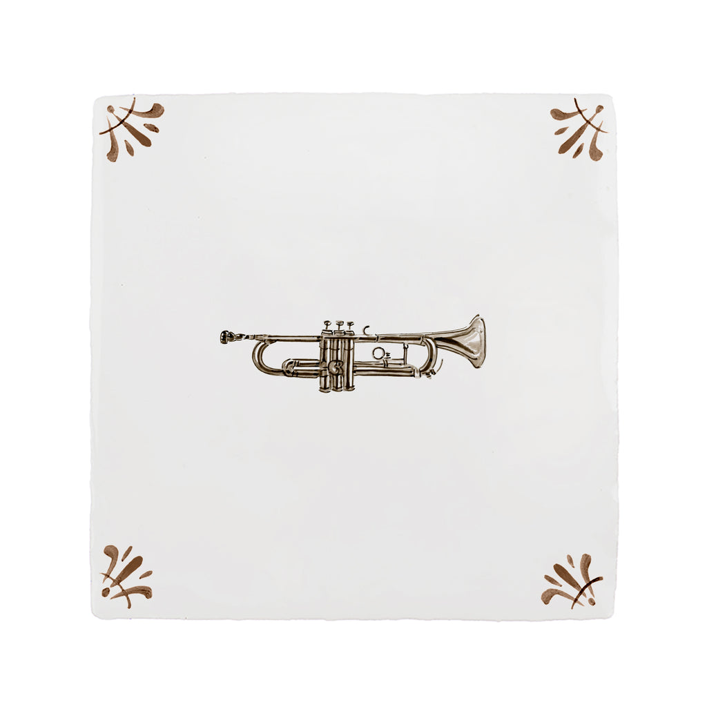 White tile with a trumpet illustration on a white background