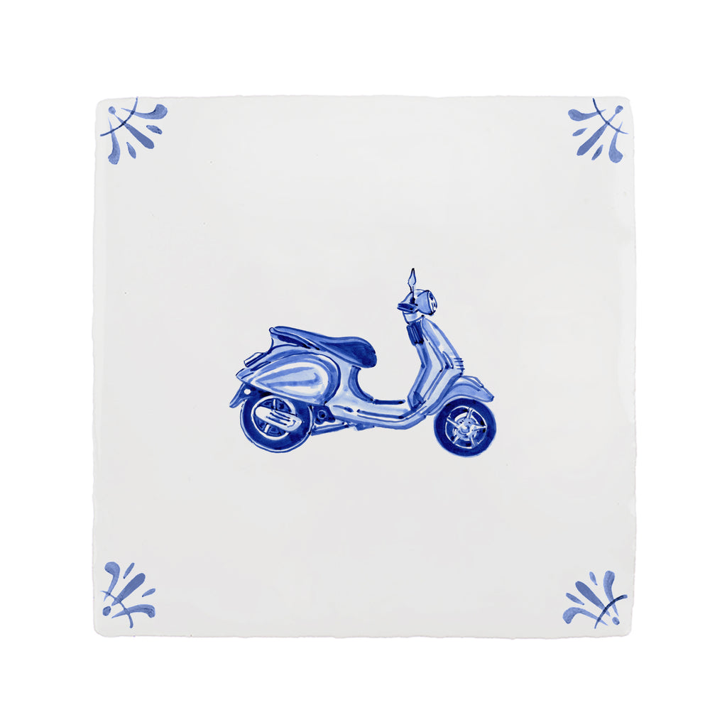 White tile with blue scooter design on a white background