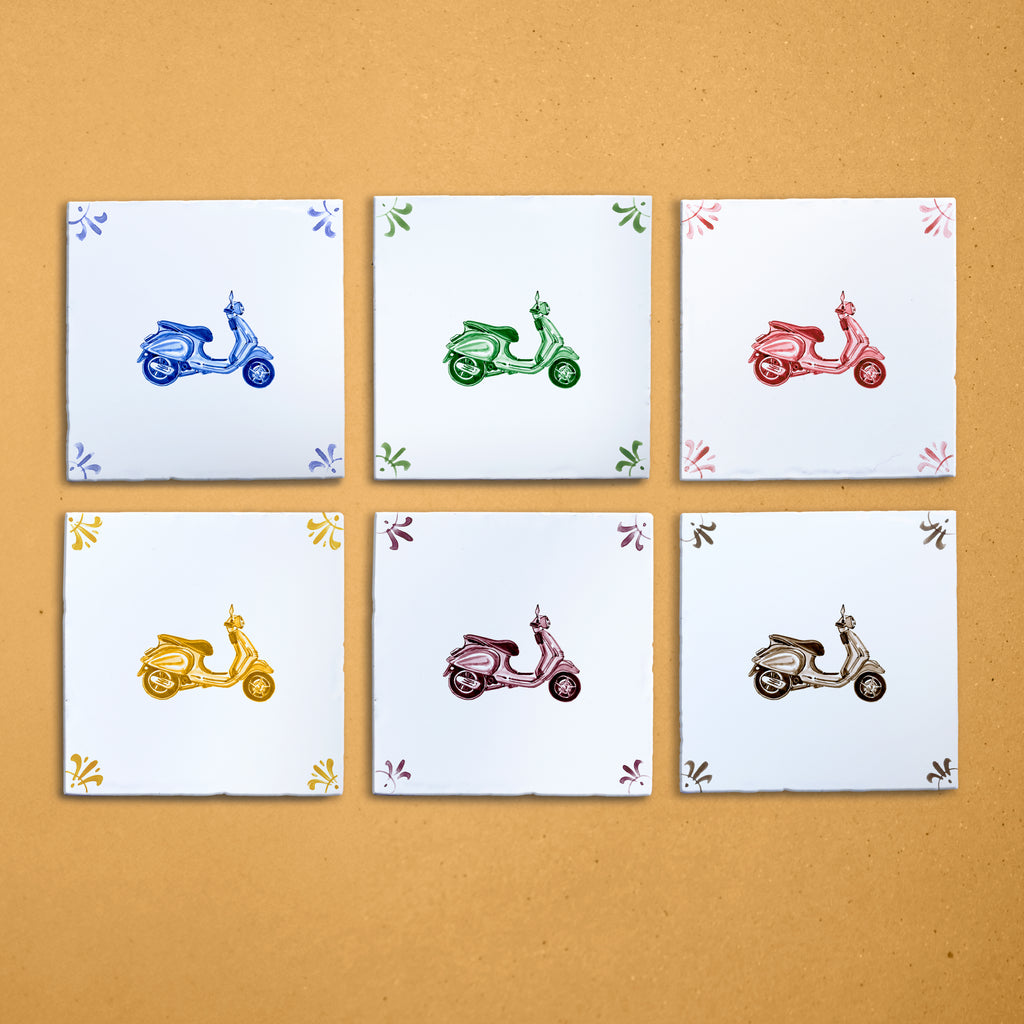 Six square tiles with scooter illustrations in different colors on a beige background