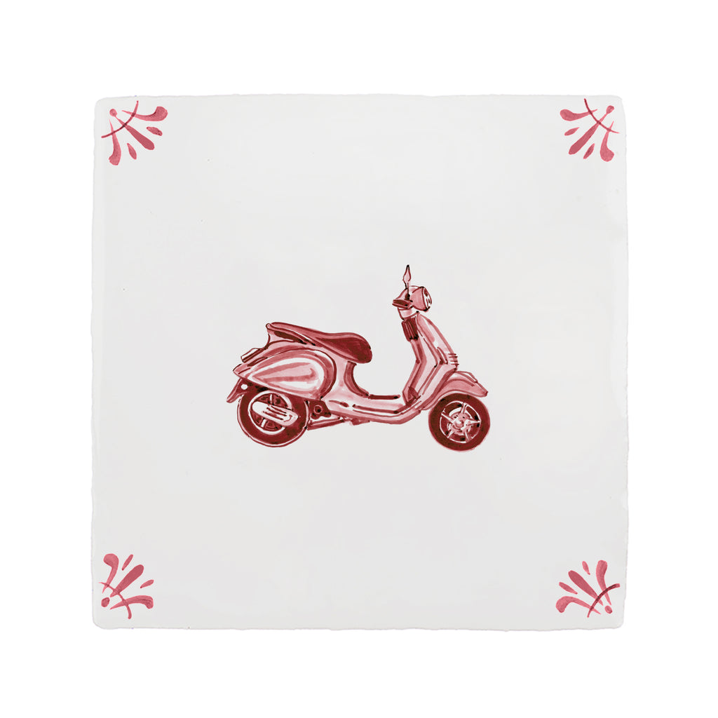White tile with red scooter design and decorative elements on a white background