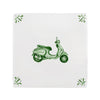 White tile with green scooter design and decorative corner patterns on a white background