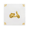 White tile with mustard scooter design on a white background