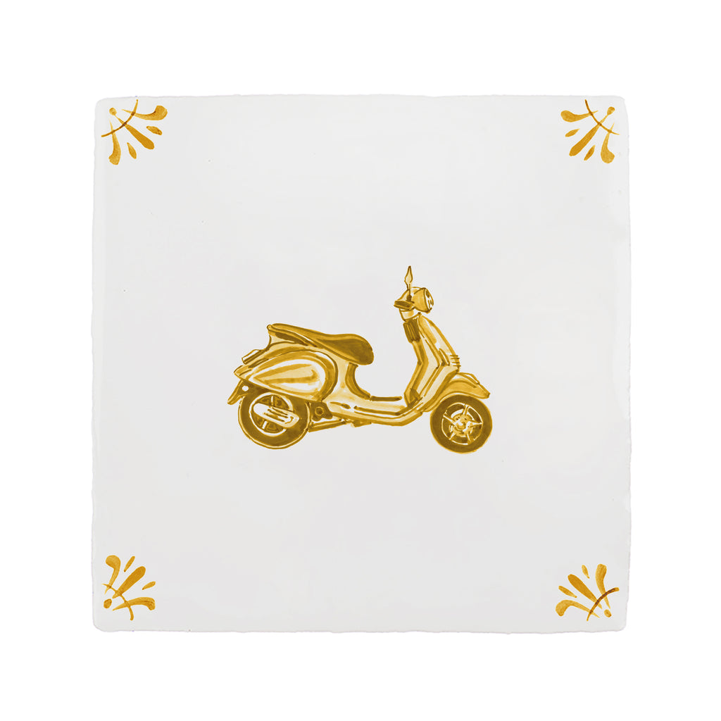 White tile with mustard scooter design on a white background