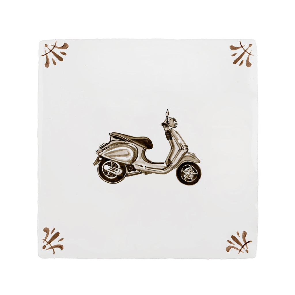 Square ceramic tile with a vintage scooter design on a white background