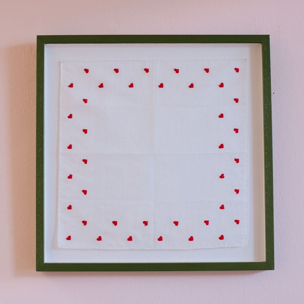 Red Hearts Handkerchief, Dark Green Frame